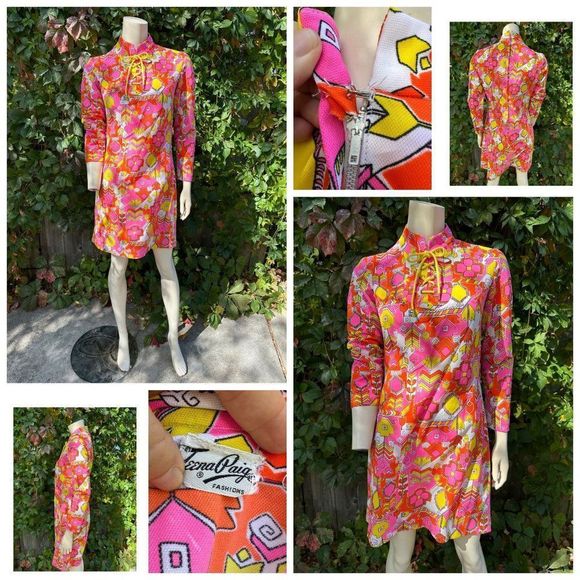 SOLD 60s Teena Paige Go-Go Mini Dress Neon Mod Nehru Lace-Up Day-Glo Groovy - Picture 15 of 15